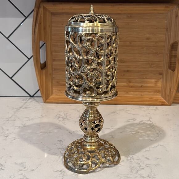 Reticulated Brass Pedestal Candle Holder Vintage Mid-Century Gothic Brass Decor - Picture 2 of 12
